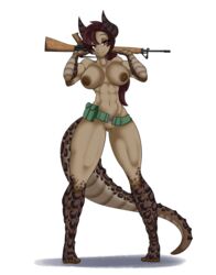 1girls abs areolae big_breasts breasts chamilla deathclaw fallout female female_deathclaw female_only gun horns humanoid monster_girl muscular_female nude red_hair solo standing tippydoodles