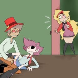 age_difference blonde_female caught caught_in_the_act female femboy femboy_on_bottom femboy_on_male hat male old_art original_character pink_hair student student_and_teacher surprise surprised teacher teacher_and_student xd