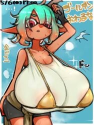 amboomoon big_ass big_breasts bikini_over_clothes gold_bikini golden_week huge_breasts hyper_breasts inkling inkling_girl mechanic_(splatoon_raiders) splatoon splatoon_raiders thick_thighs