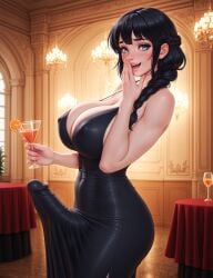 1girl ai_generated aqua_eyes ballroom black_dress black_hair braided_hair cleavage covered_nipples drinking_glass erection erection_under_clothes futanari girthy_penis hand_over_mouth holding_drinking_glass huge_breasts large_penis laughing long_hair looking_at_viewer navel