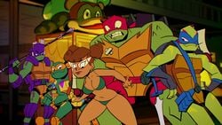 1girls 4boys april_o'neil april_o'neil_(rise_of_the_tmnt) bikini brothers dark-skinned_female dark_skin female male rise_of_the_teenage_mutant_ninja_turtles sb99 scobionicle99 screencap screenshot screenshot_edit teenage_mutant_ninja_turtles turtle