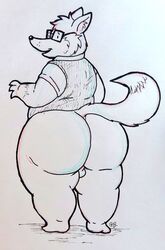 anthro ass backsack balls big_butt canid canine clothed clothing eyewear fivey_fox fox furry genitals glasses goatboner_(artist) huge_butt looking_at_viewer looking_back male mammal overweight overweight_anthro overweight_male partially_clothed raised_tail signature simple_background solo thick_thighs