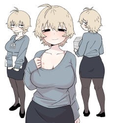 1girl 1girls blush breasts cleavage collarbone hickey highres holding id_card kms2605 looking_at_viewer multiple_views office_lady original original_character pantyhose paper simple_background skirt smile solo solo_focus sweat white_background