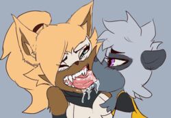 2girls blue_eyes blush blushing clothed clothed_female clothing color color_edit colored edit extreme_french_kiss eye_contact fangs french_kiss furry gray_fur gray_hair green_eyes grey_fur grey_hair hair_over_one_eye half-closed_eyes idw_comics idw_publishing kissing light_brown_hair mobian_(species) nonhuman open_mouth ponytail purple_eyes saliva sega sharp_teeth simple_background sonic_(series) sonic_the_hedgehog_(comics) sonic_the_hedgehog_(idw) sonic_the_hedgehog_(series) tan_fur tangle_the_lemur teeth tongue tongue_kiss tongue_out ungulatr wet whispangle whisper_the_wolf yuri