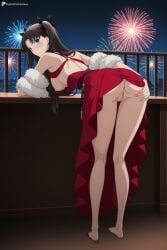 1girl aerial_fireworks ai_generated anus aqua_eyes ass barefoot bent_over black_hair black_ribbon blue_eyes blush breasts breasts_out censored closed_mouth clothes_lift digitalwaifugallery dress dress_lift fate_(series) feather_boa feet fireworks from_behind full_body hair_ribbon hi_res high_quality high_resolution jewelry legs long_hair looking_at_viewer looking_back medium_breasts mosaic_censoring night nipples no_bra no_panties parted_bangs patreon patreon_username presenting pussy red_dress ribbon seductive sexy solo standing tohsaka_rin twintails uncensored watermark