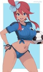 1girl ball big_breasts bikini blue_background blue_bikini blue_eyes border breasts collarbone dark-skinned_female dark_skin game_freak hair_between_eyes hair_ornament highres holding holding_ball long_hair looking_at_viewer medium_breasts medium_hair nintendo one_side_up open_mouth patreon_username pokemon pokemon_black_and_white pokemon_bw red_hair shirt short_hair_with_long_locks side-tie_bikini_bottom sidelocks simple_background skyla_(pokemon) soccer_ball soccer_uniform solo sportswear standing swept_bangs swimsuit teeth thighs tied_shirt upper_teeth_only white_border zelc-face