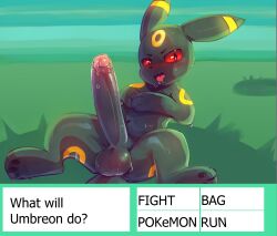 balls big_penis blush bodily_fluids eeveelution english_text feral foreskin generation_2_pokemon genital_fluids genitals grasss_field harurin hi_res humanoid_genitalia humanoid_genitalia_on_feral humanoid_penis humanoid_penis_on_feral looking_at_viewer male nintendo paws penis pokemon pokemon_(species) precum presenting small_but_hung solo sweat text umbreon