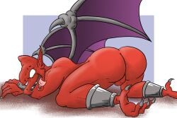 anklet anthro balls bracelet butt capcom demon demon's_crest digital_media_(artwork) empty_eyes fangs firebrand gargoyle gargoyle's_quest genitals ghosts_'n_goblins hi_res humanoid_pointy_ears jewelry looking_back lying macro710 male membrane_(anatomy) membranous_wings nude on_front open_mouth pointy_ears rear_view red_arremer red_body smile solo teeth thatweirdguy tongue tongue_out wings
