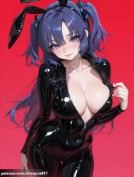 1girl ai_generated alternate_costume animal_ears arlequin097 black_bodysuit black_halo blue_archive blue_eyes blue_hair blush bodysuit breasts cleavage closed_mouth collarbone covered_navel cowboy_shot fake_animal_ears gradient_background hairband halo heart heart-shaped_pupils large_breasts latex latex_bodysuit lips long_hair long_sleeves looking_at_viewer mechanical_halo parted_bangs partially_unzipped purple_eyes purple_hair rabbit_ears red_background shiny_clothes simple_background skin_tight smile solo symbol-shaped_pupils thigh_gap two_side_up unzipped unzipping yuuka_(blue_archive) zipper zipper_pull_tab