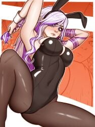 1female 1females 1girl 1girls ashe_(venzari) braid braided_hair bunny_ears bunnysuit choker ear_piercing earrings elf fair_skin lip_ring long_hair nose_piercing nose_ring original_character purple_eyes purple_hair runny_makeup runny_mascara tagme tattoo tattoo_on_arm tattoo_on_chest tattooed_arm tattoos thick_eyesbrows two-tone_hair white_hair witch zyxdraws