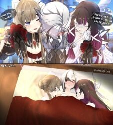 3d 3d_(artwork) 3girls after_sex arlecchino_(genshin_impact) bangs bed black_and_white_hair brown_hair columbina_(genshin_impact) drunk drunk_sex female/female/female fully_nude genshin_impact hair_bun hair_over_eyes lesbian lesbian_sex long_hair purple_hair sandrone_(genshin_impact) yuri