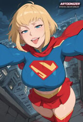 1girls ai_generated artoonizer ass big_ass big_breasts blonde_female blonde_hair blue_eyes boots breasts cape dc dc_comics female kara_zor-el legs_together legwear light-skinned_female light_skin long_sleeves looking_at_viewer miniskirt my_adventures_with_superman narrow_waist navel outdoors parted_lips patreon patreon_username posing selfie short_hair skirt solo solo_female solo_focus standing stomach supergirl superhero_costume superheroine superman_(series) thick_hips thick_thighs thighigh_boots tongue tongue_out topwear viewed_from_above wide_hips