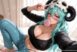 1girl ai_generated aqua_hair bangs barefoot black_nails black_panties black_shirt bleach breasts bubble_blowing chewing_gum cleavage covered_nipples crop_top denim facial_mark grey_eyes hair_between_eyes highleg highleg_panties horns indoors jeans kermixx large_breasts long_hair long_sleeves looking_at_viewer midriff nail_polish navel nelliel_tu_odelschwanck panties pants patreon_username selfie shirt skull solo sweat underwear v