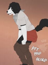 2020 anthro black_body black_fur blorp border_collie bottomwear bottomwear_down boxers_(clothing) brown_background canid canine canis clothed clothing collie daniel_(jager-darklite) domestic_dog fart fart_cloud feces feces_bulge fur hankerchief herding_dog hi_res hypnosis jager-darklite kerchief male male_anthro male_pooping mammal mind_control multicolored_body pants pants_down partially_clothed pastoral_dog pfft pooping scatplay sheepdog shirt simple_background soiling soiling_boxers soiling_underwear solo topwear underwear white_body