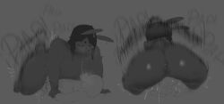 anthro anus arm_grab balls big_butt bodily_fluids breasts butt dark_hair dominant dominant_female duo female fur genitals glistening glistening_body glistening_skin grey_body grey_fur hair half-closed_eyes hi_res human lagomorph leporid male male/female mamasoyanini mammal monochrome motion_lines multiple_angles narrowed_eyes overweight overweight_female plap rabbit saliva scut_tail sex short_hair short_tail slightly_chubby smoke smoke_from_nose tail vulva