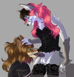 absurd_res anthro balls bodily_fluids canid canine canis clothed clothed_gynomorph clothed_intersex clothed_male clothed_sex clothing colored_nails corset duo fellatio femboy fox genitals gradient_hair gynomorph gynomorph/male gynomorph_penetrating gynomorph_penetrating_male hair hi_res intersex intersex/male intersex_penetrating intersex_penetrating_male legwear lingerie lirex male male_penetrated mammal nails oral oral_penetration penetration penile penis pink_hair pink_nails pulling_hair red_fox regine_leblanc saliva saliva_on_penis sex shirt silver_fox sky_roxine stockings tattoo topwear touching_hair trans_(lore) trans_woman_(lore) true_fox wolf