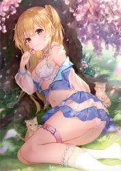 1girl ass blonde_hair bra braided_hair breasts breasts_out cat detached_collar frilled_thighhighs frills golden_hair grass highres kitten lace lace_bra lace_panties long_hair lying lying_on_ground lying_on_side medium_breasts omelet_tomato on_ground open_shirt panties sakura sakura_tree skirt_lift straight_hair thigh_strap thighhighs tied_hair tree twintails under_tree