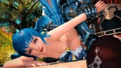 armored_boots armored_gloves bird_girl bird_legs blue_feathers blue_hair cum cum_in_pussy cum_inside doggy_style drooling final_fantasy_xiv head_wings internal_view meteion nude sex tail vargoatart warrior_of_light_(ff14)