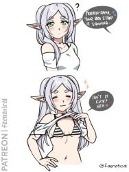 1girls 2d 2d_(artwork) 2d_artwork ? adult adult_female anime anime_character background belly belly_button black_bra black_underwear blank_background blush_face blush_lines blushing blushing_female blushing_lines bra breasts breasts_apart closed_eyes clothes clothes_aside clothes_lift clothes_pull collarbone conversation converse dialogue dialogue_bubble dialogue_bubbles dialogue_speech_bubble digital digital_art digital_drawing digital_drawing_(artwork) digital_media digital_media_(artwork) drawing earrings elf elf_ear elf_ears elf_female elf_girl english english_dialogue english_text exposing exposing_breasts exposing_chest exposing_self faenatical fanart female female_focus female_only female_protagonist fingernails fingers flushed flushed_face frieren gilf grandma granny green-eyed_female green_eyes hand_on_hip hand_on_own_hip inframammary_fold lean_figure long_hair looking_at_viewer madhouse mature mature_female midriff monotone_background narrow_waist navel necklace old_female one_color_background parted_bangs petite petite_body petite_breasts petite_female petite_girl petite_tits plain_background pointy_ears portrait presenting_breasts revealing_breasts shirt shirt_aside shirt_lift shirt_pull shoulders showing_breasts showing_chest slender_body slender_waist slim_female slim_waist small_boobs small_breasts small_tits solid_color_background solo sousou_no_frieren speaking speaking_to_viewer standing striped_bra striped_underwear talking talking_to_viewer text text_bubble tiny_breasts tiny_tits topwear topwear_aside topwear_lift topwear_pull touching_hip underwear upper_body white-haired_female white_background white_bra white_clothes white_hair white_shirt white_topwear white_underwear