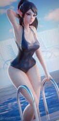 1girls 3d 3d_(artwork) black_hair black_swimsuit black_swimwear elf_female female female_only getting_out_of_pool jineisho long_hair one-piece_swimsuit paladins pool pool_ladder solo swimming_pool swimsuit wet wet_skin ying_(paladins)