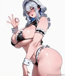 1girls ai_generated areola_slip bangs bikini black_bikini blue_hair blush breasts cleavage colored_inner_hair covered_nipples earrings fellatio_gesture frilled_bikini frills from_side galbrena_(wuthering_waves) grey_hair hair_between_eyes huge_breasts jewelry looking_at_viewer maid_bikini maid_headdress multicolored_hair open_mouth purple_eyes sakaro short_hair simple_background skindentation solo swimsuit thick_thighs thighs white_background wrist_cuffs wuthering_waves