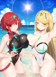 2girls absurdres alcoholrang armpit_crease armpits asymmetrical_docking bangs bare_shoulders beach big_breasts black_swimsuit blonde_hair blue_sky blush breast-to-breast breast_press breasts bust_cup cameltoe casual_one-piece_swimsuit caustics chest_jewel choker cleavage closed_mouth clothed clothed_female clothing_cutout cloud colored competition_swimsuit covered_collarbone covered_navel cowboy_shot cutout_above_navel dot_nose dual_persona embarrassed emerald_(gemstone) eyebrows_visible_through_hair female female_focus female_only foreshortening fully_clothed gem glowing green_nails groin groin_tendon hair_between_eyes hair_ornament half-closed_eyes halterneck happy_new_year head_tilt headpiece heart heart_hands heart_hands_duo highleg highleg_swimsuit highres hip_vent horizon impossible_clothes impossible_swimsuit in_water jewelry large_breasts legs_together lens_flare leotard light_rays light_smile long_hair looking_at_viewer multiple_girls mythra nail_polish navel nervous new_year nintendo ocean one-piece_swimsuit outdoors outstretched_arm partially_submerged partially_visible_vulva pyra red_eyes red_hair ribbed_swimsuit scowl see-through self_shot shiny shiny_clothes shiny_hair shiny_skin short_hair shy sideboob sidelocks skin_tight sky slender_waist smile squish standing staring stomach_cutout straight_hair strap strapless strapless_swimsuit sun sunbeam sunlight swept_bangs swimsuit swimwear symmetrical_docking taut_clothes taut_swimsuit thick_thighs thighs tiara tsundere turtleneck v-shaped_eyebrows very_long_hair wading water waves wavy_mouth wet wet_clothes wet_swimsuit white_choker white_swimsuit wide_hips xenoblade_(series) xenoblade_chronicles_2 yellow_eyes