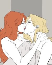 2girls bite_mark bite_mark_on_breast bite_marks blanket blanket_only blonde_hair convenient_censoring convenient_censorship emma_frost emma_frost_(marvel_rivals) female female/female female_only french_kiss french_kissing ginger_hair hickey hickey_marks hickeys hickeys_on_neck hickies jean_grey kissing lesbian lesbian_kiss light-skinned_female light_skin limited_color limited_palette lipstick long_hair making_out marvel marvel_comics marvel_rivals phoenix_(marvel_rivals) phoenix_(x-men) spicycheese x-men yuri