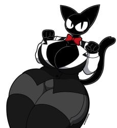 1girls animal_ears anthro artist_name black_eyes black_fur blush bowtie breasts breasts_bigger_than_head cat_ears cat_tail cleavage clothed clothing felid feline female heissenpie huge_breasts looking_at_viewer open_clothes original original_character tagme thick_thighs vingo_(sabgong) white_background
