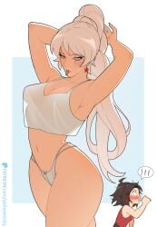 ! !!! 2girls armpit armpits arms_up artist_name big_ass blue_eyes blush blushing bow_panties brown_hair brushing_teeth cleavage color colored crop_top cropped_tank_top female female/female female_only gay_panic getting_ready hair_tie hair_tie_in_mouth high_waisted_panties light-skinned_female light_skin medium_breasts medium_hair panties ponytail ruby_rose rwby scar scar_across_eye scar_on_face see-through_clothing sideboob simple_background small_waist solid_color_background spoken_exclamation_mark thick_thighs tying_hair underboob very_long_hair weiss_schnee white_background white_hair wide_hips yellow_nicky_(artist) yuri