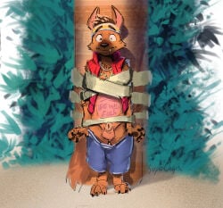 animal_genitalia anthro arms_tied balls belly_tattoo blush bottomwear bound canid canine clothing exposed eyebrows forgotten_island fully_sheathed genitals hi_res highlights_(coloring) humiliation jewelry male mammal necklace nude_anthro pawpads plant raised_eyebrows raww_(forgotten_island) sheath shocked shorts solo standing supechips tattoo topwear tree vest wide_eyed