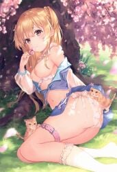 1girl ass blonde_hair braided_hair breasts breasts_out cat detached_collar exposed_breasts frilled_thighhighs frills golden_hair grass highres kitten lace lace_panties long_hair lying lying_on_ground lying_on_side medium_breasts nipples no_bra omelet_tomato on_ground open_shirt panties sakura sakura_tree side-tie_panties skirt_lift straight_hair thigh_strap thighhighs tied_hair tree twintails under_tree