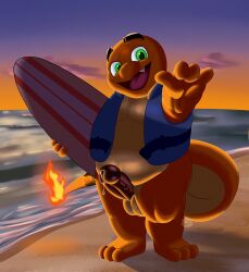2025 absurd_res balls beach belly ben_d_koopa benediktus_(artist) bodily_fluids charmander erection eyebrows fire flaming_tail generation_1_pokemon genital_fluids genitals gesture green_eyes hadou_(satsui-n0-had0u) hand_gesture hi_res humanoid_genitalia humanoid_penis life_jacket looking_at_viewer male nintendo nude open_mouth orange_body outdoor_nudity outside overweight overweight_male penis pokemon pokemon_(species) precum shaka_sign slightly_chubby slightly_chubby_male smile solo solo_focus sunset surfboard tail thick_thighs vein veiny_penis