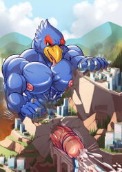 absurd_res anthro avian beak bird blue_body bodily_fluids car city cum cum_on_ground daru_brek destruction erection falco_lombardi genital_fluids genitals green_eyes hi_res humanoid_genitalia humanoid_penis macro male mammal muscular muscular_male nintendo orgasm penetration penis star_fox tongue tongue_out tunnel vehicle