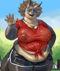 big_breasts big_thighs chubby_female dinosaur nipple_outline perotoart red_shirt triceratops voluptuous