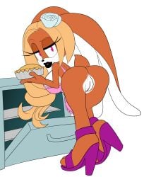 anus bent_over bimbo blonde_hair bunny_ears bunny_tail female hair_ornament heart_eyes high_heels large_ass large_breasts lipstick long_eyelashes long_hair looking_at_viewer mobian_(species) naked_apron orange_fur original_character oven parted_lips pie presenting_hindquarters pussy rabbit raised_eyebrow ravrous sega simple_background solo sonic_(series) thick_lips thick_thighs two-tone_body white_background white_fur white_rose