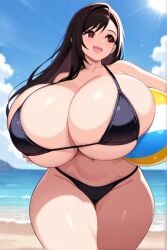 ai_generated beach beach_ball bikini brown_hair female final_fantasy final_fantasy_vii huge_breasts long_hair tifa_lockhart