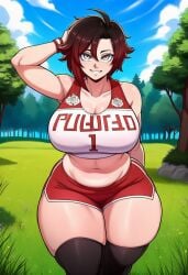 1girls ai_generated artist_request big_breasts cleavage curvaceous curvy_female eyes female female_only gray_eyes gym_clothes hair_streak hand_behind_head hourglass_figure large_breasts light-skinned_female light_skin looking_at_viewer multicolored_hair outdoors ruby_rose rwby short_hair short_shorts slightly_chubby_female standing tank_top thick thick_thighs voluptuous voluptuous_female wide_hips wristband