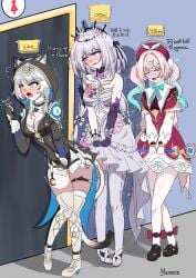 3girls bladder_gauge blonde_hair blush castorice_(honkai:_star_rail) catgirl cipher_(honkai:_star_rail) crossed_legs grey_hair have_to_pee honkai:_star_rail hyacine_(honkai:_star_rail) knocking memoire multiple_girls trembling urine_meter