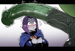 1boy 1girls ai_generated ass beast_boy big_ass breasts dc dc_comics female goth_girl grey_skin horse horsecock huge_cock large_breasts leotard lips male massive_cock mullon novelai penis penis_awe purple_hair rachel_roth raven_(dc) teen_titans
