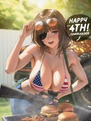 1girl american_flag_bikini assault_rifle burger dgkamikaze eyepatch fourth_of_july girls'_frontline hamburger long_hair m16a1_(girls'_frontline)