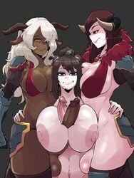 1girls 2futas 2girls 3girls amber_eyes areolae armor armored_dress balls big_penis black_hair blue_eyes breast_squeeze breasts brown_hair brown_legwear character_request clothed clothing collarbone dark-skinned_futanari dark_eyes dark_skin dickgirl double_barrel_paizuri drooling erection female frottage futa_on_female futa_with_female futanari highres horns horu huge_breasts huge_penis humanoid humanoid_penis interracial large_areolae large_penis leaf legwear long_ears long_hair looking_at_penis mostly_nude multiple_girls navel nipples nude orange_eyes paizuri pale_skin penis penis_awe ponytail precum red_eyes revealing_clothes saliva smile standing tagme teeth testicles white_hair