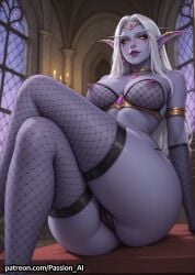 1girl ai_generated ass big_ass breasts butt cameltoe colored_skin crossed_legs elf female fishnet fishnet_clothing fishnet_legwear fishnets from_below nipples nipples_visible_through_clothing passion_ai pointy_ears queen_azshara seductive seductive_look seductive_smile sexy sexy_female sitting thong warcraft white_hair world_of_warcraft