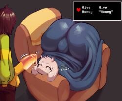 2026 anthro armchair astonarts balls big_butt big_penis blue_blanket boss_monster_(undertale) bottomwear bottomwear_pull bovid brown_bottomwear brown_clothing brown_hair brown_pants butt caprine chair chairiel clothing clothing_pull deltarune dialogue duo english_text eyelashes female floppy_ears food food_on_penis fur furniture gameplay_mechanics genitals goat green_clothing green_sweater green_topwear grey_background hair honey_(food) honey_on_penis horn huge_butt huge_penis human kris_dreemurr looking_at_genitalia looking_at_penis male mammal pants pants_pull pattern_clothing pattern_sweater pattern_topwear penis pseudo_incest_(lore) pupils simple_background small_pupils soul_(undertale) striped_clothing striped_sweater striped_topwear stripes sweater tail text topwear toriel under_blanket undertale_(series) white_body white_fur yellow_body yellow_skin