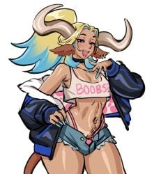 1boy artwithmoira belly_piercing bimbo bimbo_femboy blonde_hair blue_eyes blue_hair bovine_humanoid choker clothed cow_boy cow_ears cow_horns cow_tail femboy jacket jacket_off_shoulders lip_piercing lip_ring long_fingernails male ombre_hair penis_bulge pubic_hair short_shorts shorts smile smiling tan_lines thick_thighs thighs thin_waist two-tone_hair whale_tail_(clothing) wide_hips