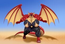 ber00 creatorrp_oc dragon dragon_girl dragon_horns dragon_humanoid dragon_tail dragon_wings elistrasza_(creatorrp) huge_breasts humanoid_dragon muscular muscular_female orange_eyes red_body red_scales roaring skirt tank_top tanktop thick_thighs