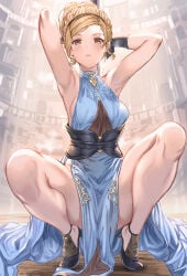 1girls aldehyde ass blonde blonde-haired_female blonde_female blonde_hair blue_dress breasts brown_eyes commentary_request djeeta_(granblue_fantasy) dress female granblue_fantasy medium_breasts official_alternate_costume short_hair squatting underbust variant_set