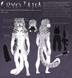 4_toes anthro black_body black_fur clothing cryotaiga dark_sclera english_text erection fangs feet felid fur genitals grey_body grey_fur gun hair hi_res hybrid knife long_hair male mammal markings model_sheet nipples pantherine penile_spines penis piercing plushie ranged_weapon schiavonesca smile smirk snow_leopard solo standing striped_markings stripes teeth text tiger toes weapon white_body white_fur