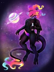 4_arms animal_genitalia anthro beverage black_body colored_fire colored_outline dragon fire flaming_head flaming_tail genital_slit genitals gradient_penis halo hi_res holding_beverage holding_object kaydelas lupinera male multi_arm multi_limb mythological_creature mythological_scalie mythology orange_penis penis purple_penis scalie soda solo space tail tapering_penis unknown_species
