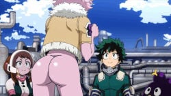 anime anime_screencap ashido_mina ashido_mina_(hero_outfit) ass boku_no_hero_academia brown_eyes brown_hair butt deku edit green_eyes green_hair hero_outfit_(mha) izuku_midoriya izuku_midoriya_(hero_outfit) midoriya_izuku midoriya_izuku_(hero_outfit) mina_ashido mina_ashido_(hero_outfit) my_hero_academia nude_edit nude_filter ochaco_uraraka ochako_uraraka ochako_uraraka_(hero_outfit) official_art pink_hair pink_skin sky third-party_edit unknown_artist uraraka_ochaco uraraka_ochako uraraka_ochako_(hero_outfit)