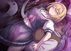 1boy 1girls age_difference bangs bare_shoulders big_breasts blonde_hair blush bra breasts closed_eyes djeeta_(granblue_fantasy) facial_hair female glasses granblue_fantasy grey_hair groping hairband hand_under_clothes hand_under_shirt hand_under_skirt hands_under_clothes large_breasts lifting_person male marugoshi_(54burger) molestation moustache navel nipples official_alternate_costume old old_male older_male older_male_and_younger_female open_mouth panties pink_bra pink_hairband pink_panties pink_underwear school_uniform schoolgirl see-through_clothing short_hair smile spread_legs straight teenage_female teenager thighs twin_braids underwear variant_set younger_female